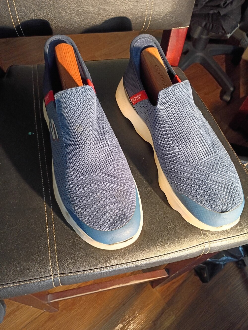 Skechers Navy Blue Slip-On Knit Loafers with Red Pull Tabs